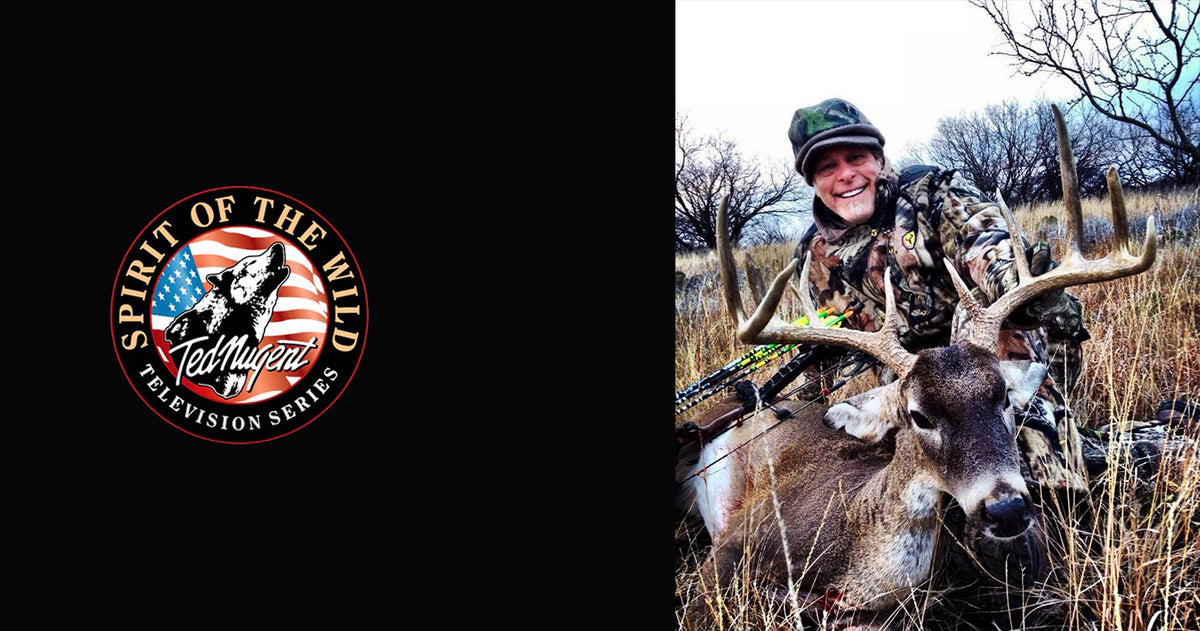 Hunter with a large deer in a field, featuring the 'Spirit of the Wild' television series logo.